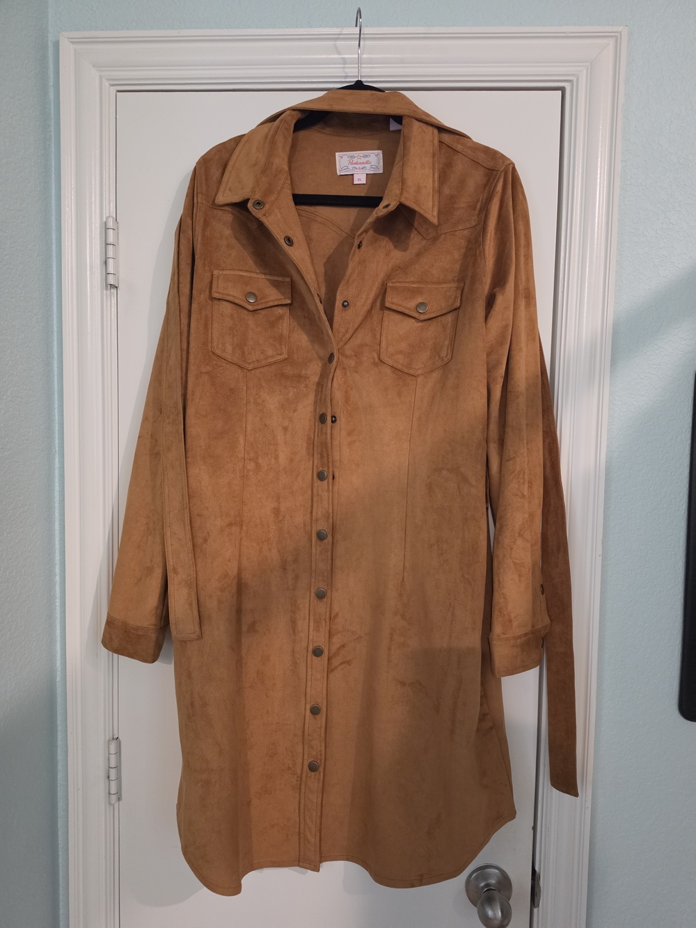 Women's Camel Suede Long-Sleeve Shirt Dress with Chest Pockets